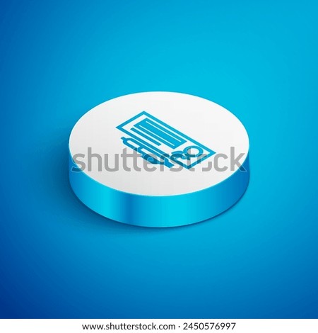 Isometric line Blank template of the bank check and pen icon isolated on blue background. Checkbook cheque page with empty fields to fill. White circle button. Vector Illustration