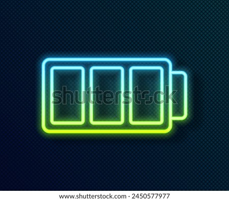 Glowing neon line Battery charge level indicator icon isolated on black background.  Vector