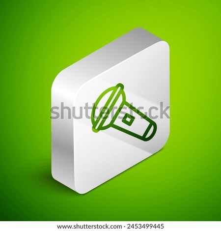Isometric line Microphone icon isolated on green background. On air radio mic microphone. Speaker sign. Silver square button. Vector
