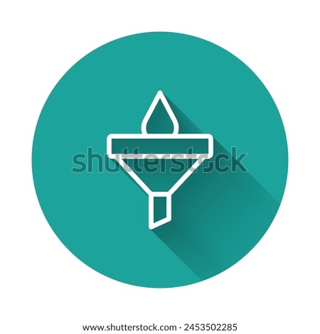 White line Funnel or filter and motor oil drop icon isolated with long shadow background. Green circle button. Vector