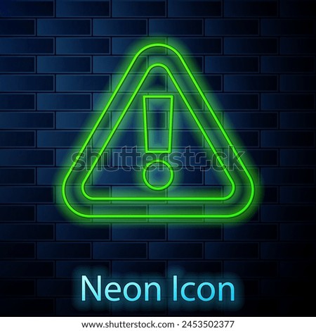 Glowing neon line Exclamation mark in triangle icon isolated on brick wall background. Hazard warning sign, careful, attention, danger warning sign.  Vector