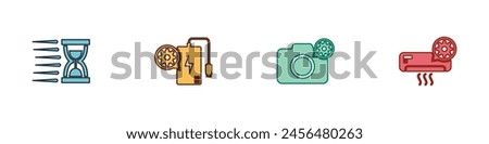 Set Old hourglass with sand, Power bank setting, Photo camera and Air conditioner icon. Vector