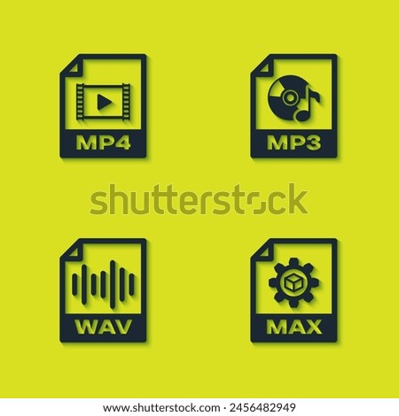 Set MP4 file document, MAX, WAV and MP3 icon. Vector