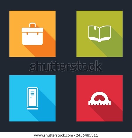 Set Briefcase, Open book, Locker or changing room and Protractor grid icon. Vector