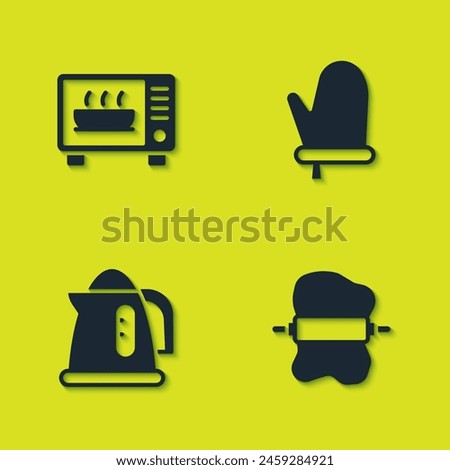 Set Microwave oven, Rolling pin on dough, Electric kettle and Oven glove icon. Vector