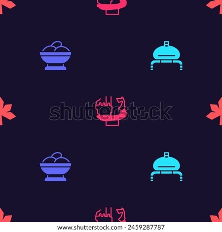 Set Bread and salt, Varenyky in bowl, Monument to founders of Kiev and Chestnut leaf on seamless pattern. Vector