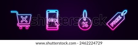 Set line Remove shopping cart, Mobile and, Discount percent tag and Price with Free. Glowing neon icon. Vector