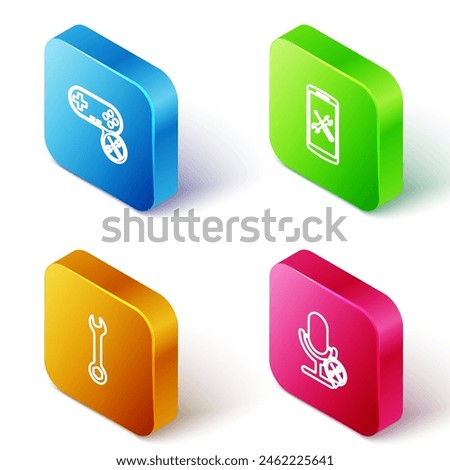 Set Isometric line Gamepad service, Smartphone, Wrench and Microphone icon. Vector