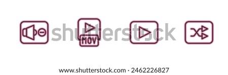 Set line Speaker mute, Play button, MOV file and Arrow shuffle icon. Vector