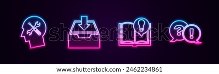 Set line Human head service, Download inbox, Interesting facts and Question and Exclamation. Glowing neon icon. Vector