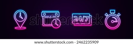 Set line Location with clock, Calendar and, Clock 24 hours and Stopwatch. Glowing neon icon. Vector