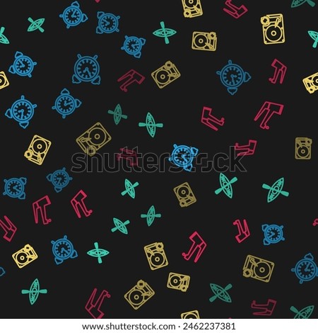 Set line Alarm clock, Kayak and paddle, Hard disk drive HDD sync refresh and Water tap on seamless pattern. Vector