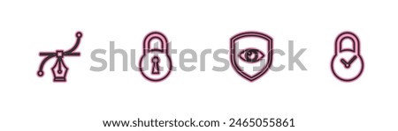 Set line Bezier curve, Shield and eye, Lock and Padlock with clock icon. Vector