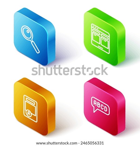 Set Isometric line Magnifying glass, Online translator, Exam sheet with A plus grade and Alphabet icon. Vector