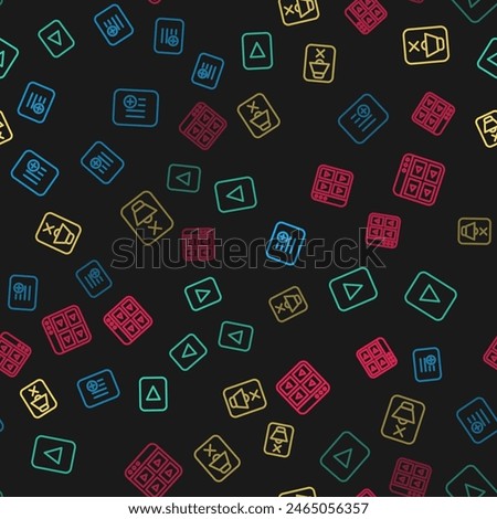 Set line Add to playlist, Play button, Speaker mute and Music on seamless pattern. Vector