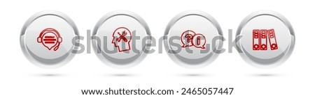 Set line Headphones with speech bubble chat, Human head service, Question and Exclamation and Office folders. Silver circle button. Vector