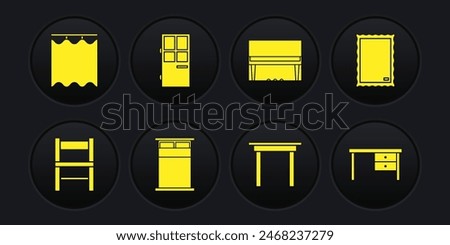 Set Chair, Picture, Big bed, Wooden table, Grand piano, Closed door, Office desk and Curtains icon. Vector