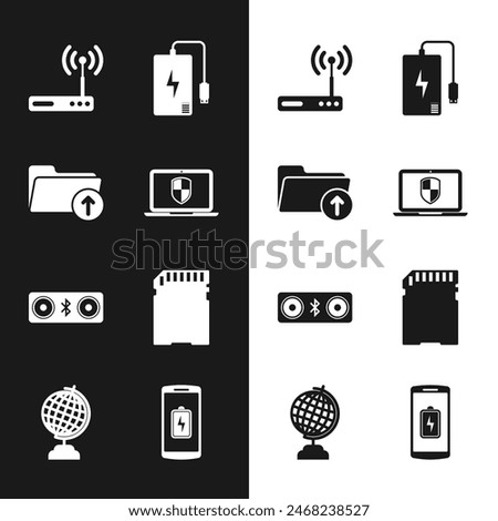 Set Laptop with shield, Download arrow folder, Router and wi-fi, Power bank, Bluetooth speakers and SD card icon. Vector