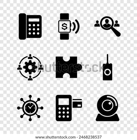 Set Telephone, Contactless payment, Magnifying glass for search people, Clock and gear, Pos terminal and Web camera icon. Vector