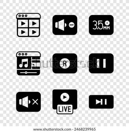 Set Music playlist, Speaker mute, Audio jack, Live stream, Pause button, player and Record icon. Vector