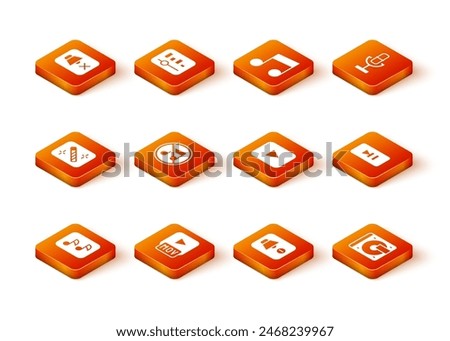 Set Music note, tone, MOV file, Photo retouching, Speaker mute, Play button, Vinyl player with vinyl disk and Pause icon. Vector