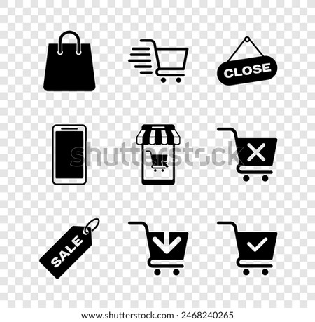 Set Handbag, Shopping cart, Hanging sign with Close, Price tag Sale, Add to, check mark, Smartphone, mobile phone and Mobile shopping icon. Vector