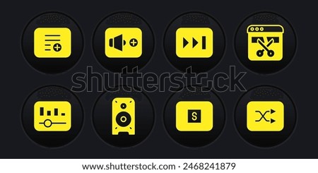 Set Music equalizer, Video recorder or editor, Stereo speaker, Stop media button, Fast forward, Speaker volume, Arrow shuffle and Add playlist icon. Vector