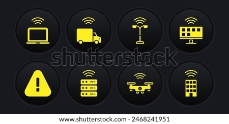 Set Exclamation mark in triangle, Smart Tv system, server, drone, street light, truck, home with wireless and Wireless laptop icon. Vector