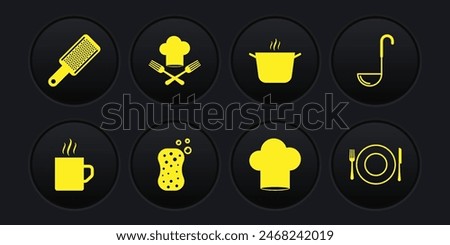 Set Coffee cup, Kitchen ladle, Sponge with bubbles, Chef hat, Cooking pot, and fork, Plate, knife and Grater icon. Vector