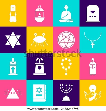 Set Jesus Christ, Monk, Christian cross chain, Buddhist monk, Pastafarianism, Star of David, Priest and Pentagram circle icon. Vector