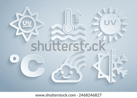 Set Rainbow with cloud, UV protection, Celsius, Sun and snowflake, Water thermometer and  icon. Vector