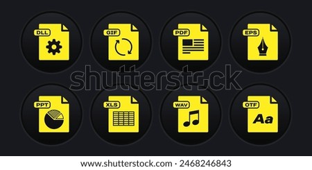 Set PPT file document, EPS, XLS, WAV, PDF, GIF, OTF and DLL icon. Vector