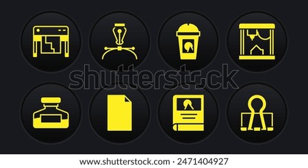 Set Ink bottle, 3D printer, Empty document, Photo album gallery, Coffee cup go, Fountain pen nib, Binder clip and Plotter icon. Vector