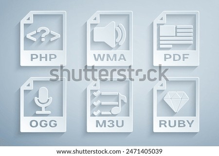 Set M3U file document, PDF, OGG, RUBY, WMA and PHP icon. Vector