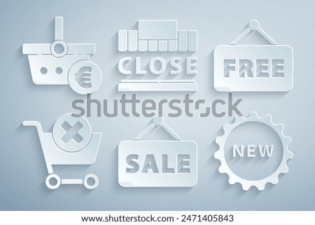 Set Hanging sign with Sale, Price tag text Free, Remove shopping cart, New, Shopping building and closed and basket euro icon. Vector