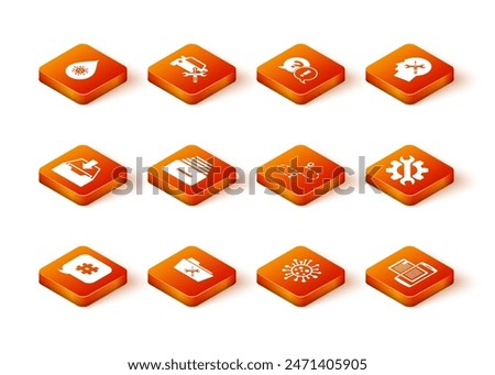 Set Hashtag speech bubble, Folder service, Download inbox, Drawer with documents, Bacteria, Route location, Smartphone and book and Wrench gear icon. Vector