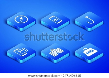 Set Weight, Wind rose, Medical hospital building, NFC Payment, Smartphone with upload and Fishing hook icon. Vector