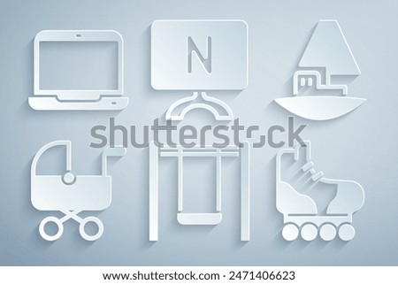 Set Swing, Toy boat, Baby stroller, Roller skate, Smart Tv and Laptop icon. Vector