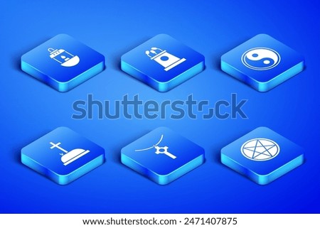 Set Pentagram in a circle, Ramadan Kareem lantern, Christian cross on chain, Tombstone with, Stage stand or tribune and Yin Yang icon. Vector