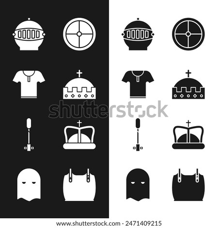 Set King crown, Body armor, Medieval iron helmet, Round wooden shield, Torch flame,  and Executioner mask icon. Vector