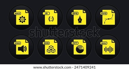 Set WMA file document, 3DS, PPT, EPS, JS, WAV and MAX icon. Vector