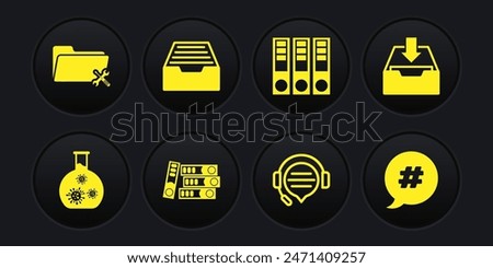 Set Test tube with virus, Download inbox, Office folders, Headphones speech bubble chat, Drawer documents, Hashtag and Folder service icon. Vector