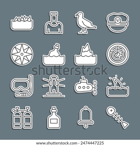 Set line Dead fish, Shark fin in ocean wave, Radar with targets, Bird seagull, Bottle message water, Wind rose, Sharp stone reefs and Iceberg icon. Vector