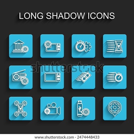 Set line Hourglass setting, Video camera, Bank building, USB flash drive, Setting, Microwave oven, Stopwatch and Fast payments icon. Vector