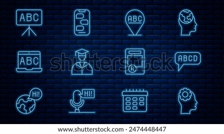Set line Head with gear inside, Alphabet, Graduate and graduation cap, Foreign language online study, Chalkboard, Exam sheet plus grade and New chat messages notification icon. Vector