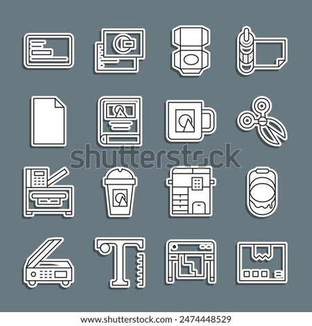 Set line Carton cardboard box, Paint bucket, Scissors, Photo album gallery, Empty document, Business and Coffee cup icon. Vector