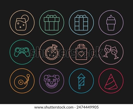 Set line Party hat, Glass of champagne, Gift box, Homemade pie, Gamepad, Cocktail, Shopping bag with heart and  icon. Vector