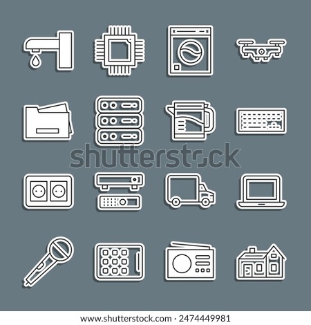 Set line House, Laptop, Keyboard, Washer, Server, Data, Web Hosting, Printer, Water tap and Electric kettle icon. Vector