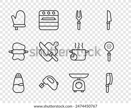 Set line Salt, Meat chopper, Barbecue fork, Electric mixer, Oven glove, Cutting board and knife, Scales and Spatula icon. Vector