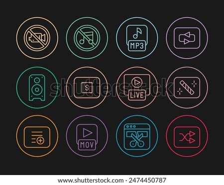 Set line Arrow shuffle, Photo retouching, MP3 file, Stop media button, Stereo speaker, Prohibition no video recording, Live stream and Speaker mute icon. Vector